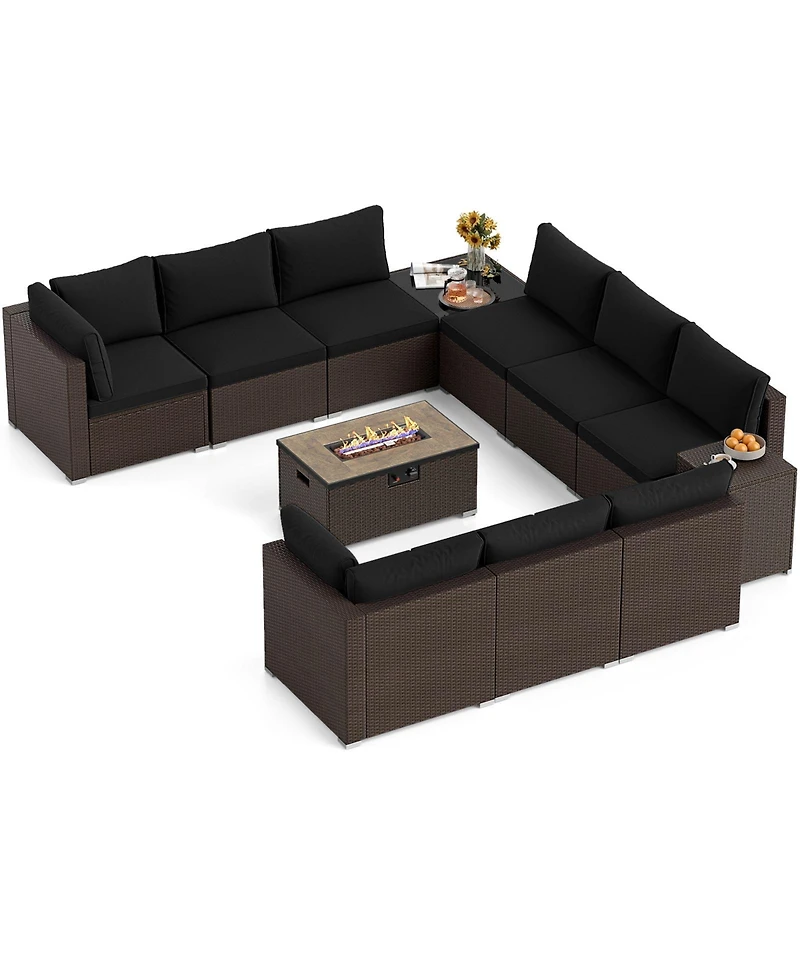 Gymax 12 Pcs Outdoor Patio Wicker Sectional Sofa Set w/ 32'' Propane Fire Pit Table Tank Holder