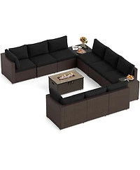 Gymax 12 Pcs Outdoor Patio Wicker Sectional Sofa Set w/ 32'' Propane Fire Pit Table Tank Holder