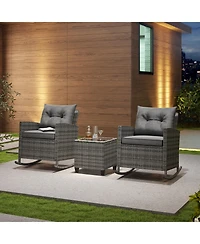 Gymax Set of 3 Wicker Rocking Patio w/ Tempered Glass Table & Soft Cushions