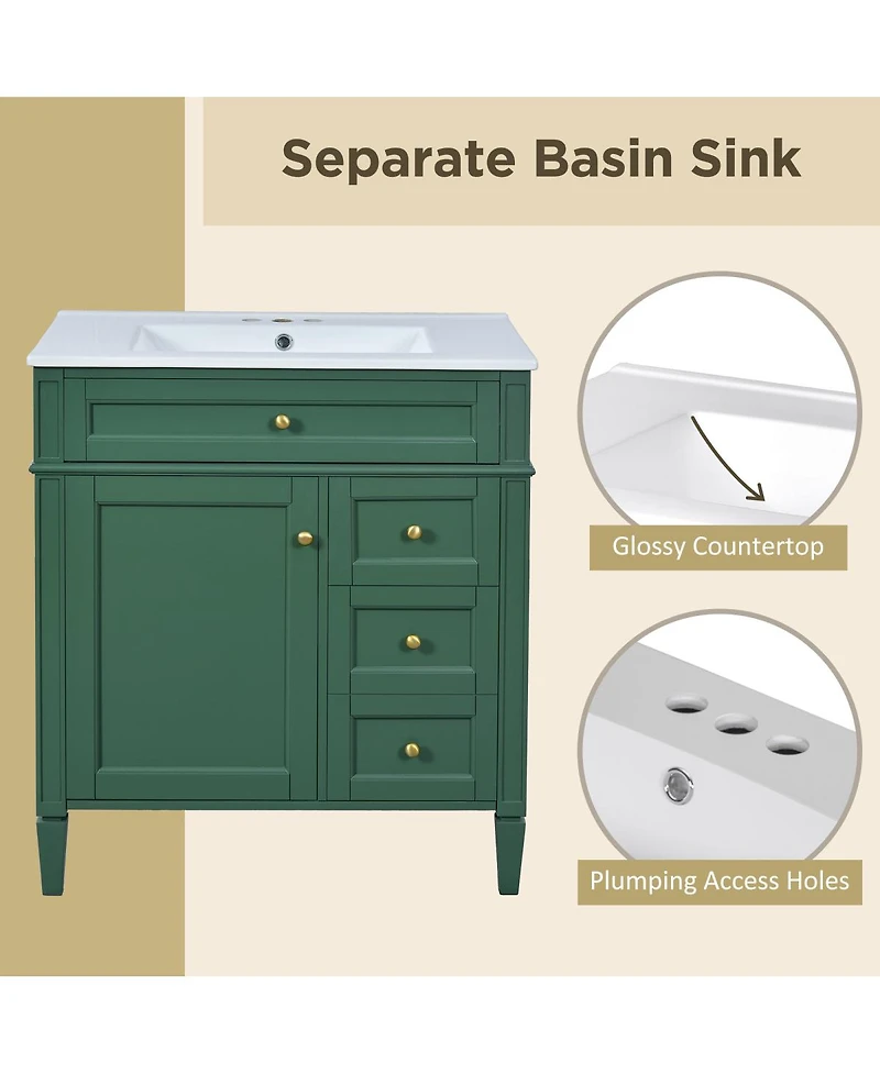 Sillysis 30" Bathroom Vanity with Sink, Modern Freestanding Cabinet with 3 Soft Close Drawers & Adjustable Shelf for Bathroom Storage
