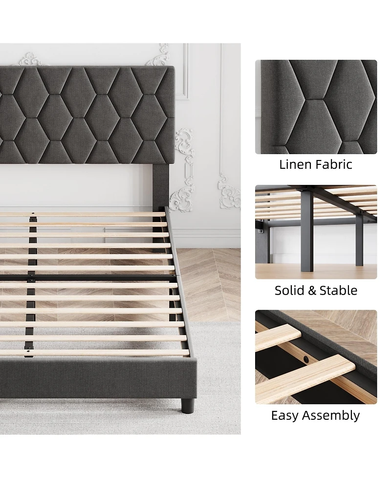 gaomon Bed Frame Upholstered Fabric Headboard Diamond Design Solid Wood Slats Easy Assembly Noise Free