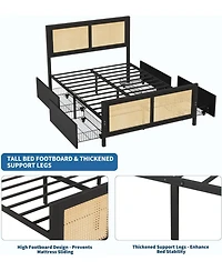 gaomon Rattan Storage Bed- Led Lights 4 Drawers Woven Front Mdf Wood Frame