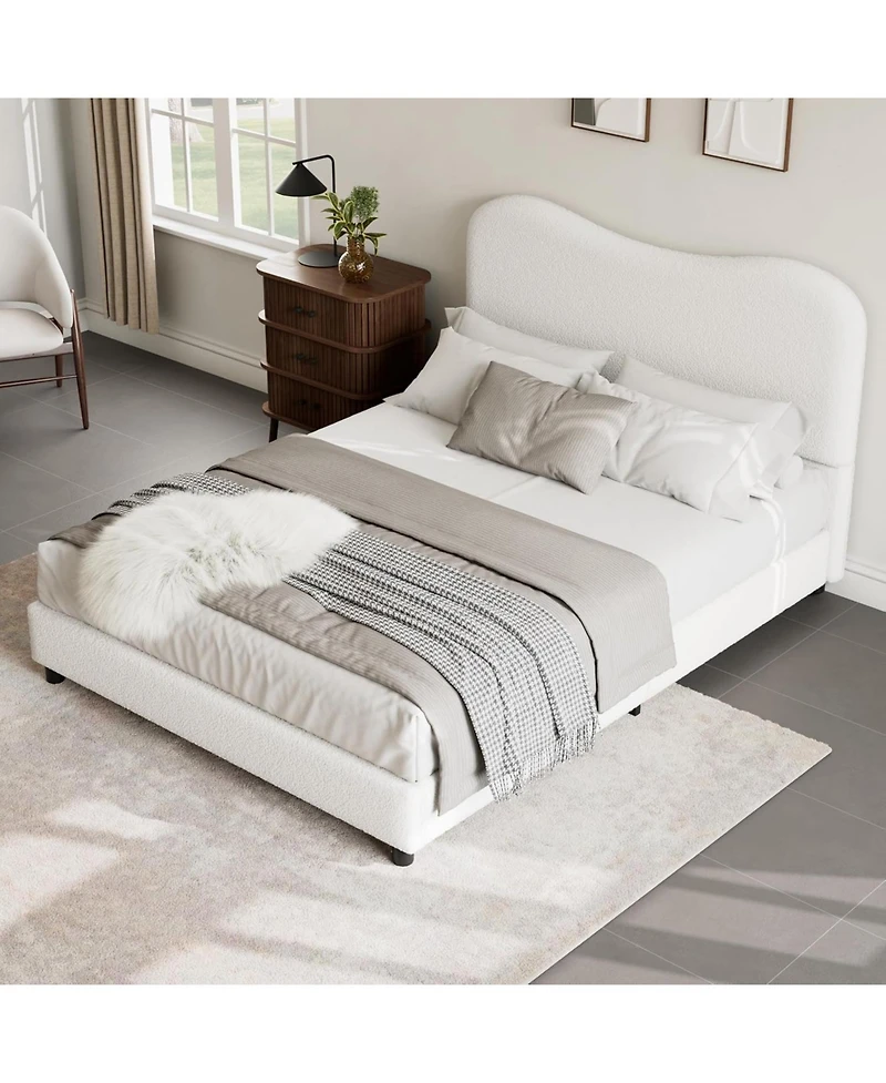 gaomon Boucle Bed Frame with Upholstered Headboard, Soft Low Profile Sturdy Platform Rounded Corners Design, Heavy Duty, Wooden Slats