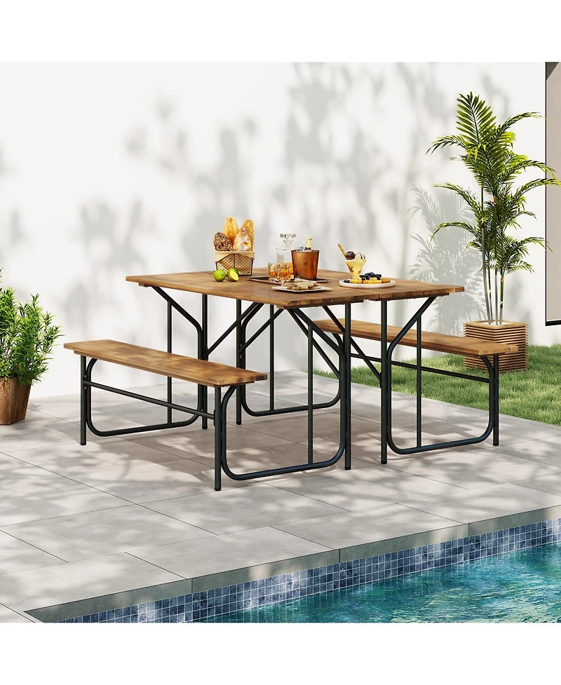 Gymax Patio Table Bench Set for 2 Picnic Table & Loveseat w/Acacia Wood Top Metal Legs