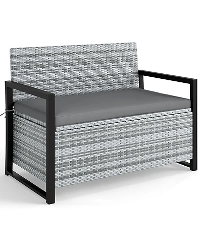 Gymax Patio Storage Bench Wicker Loveseat w/ Built-in Storage & Long Seat Cushion Outdoor