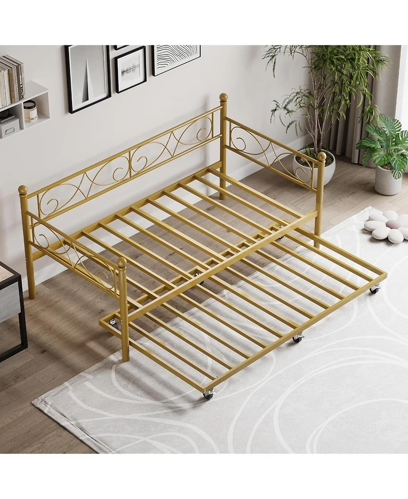 gaomon Twin Daybed with Trundle Space-Saving Gold Metal Frame Storage Clearance Heavy Duty Slats Elegant Design