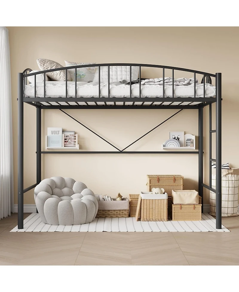 gaomon Loft Bed Twin with Ladde and Arched Guardrail, Heavy Duty Metal Frame for Kids Adults, Sturdy Steel Slats Support