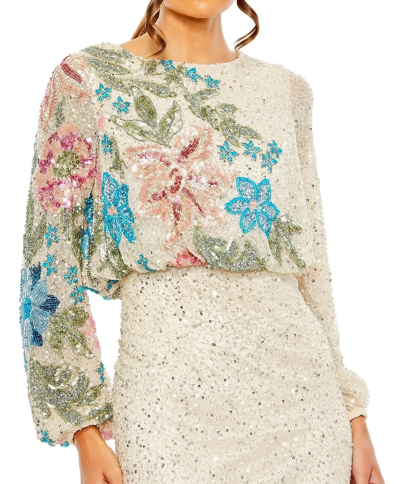 Mac Duggal Women's High Neck Blouson Sleeve Sequin Gown