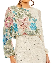 Mac Duggal Women's High Neck Blouson Sleeve Sequin Gown