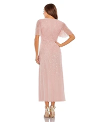 Mac Duggal Women's Beaded Wrap Over Butterfly Sleeve Dress