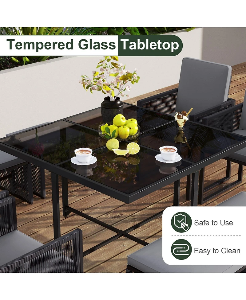 Gymax Set Of 9 Patio Dining Set w/ Pe Rattan Chairs Tempered Glass Table & Ottomans