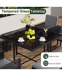 Gymax Set Of 9 Patio Dining Set w/ Pe Rattan Chairs Tempered Glass Table & Ottomans