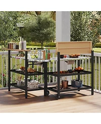 Gymax Patio Bar Table and Rolling Bar Cart w/Flip-Up Top Storage Shelves Removable Hooks