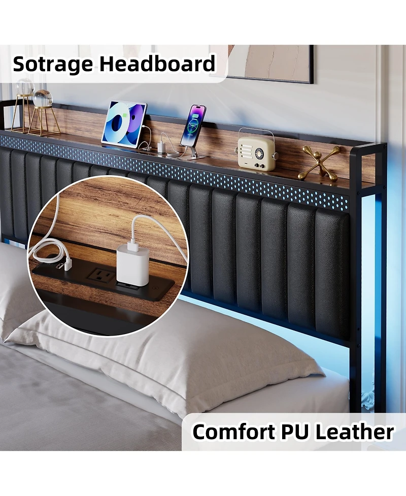 gaomon Queen Bed Frame Led Light Charging Station Upholstered Platform Storage Headboard Metal Slat Easy Assembly Noise Free Black
