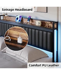 gaomon Queen Bed Frame Led Light Charging Station Upholstered Platform Storage Headboard Metal Slat Easy Assembly Noise Free Black