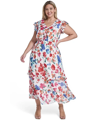Jessica Howard Plus V-Neck Smocked Waist Midi Dress