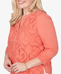 Alfred Dunner Petite Resort Living Textured Lace Scroll Split Neck Henley Top