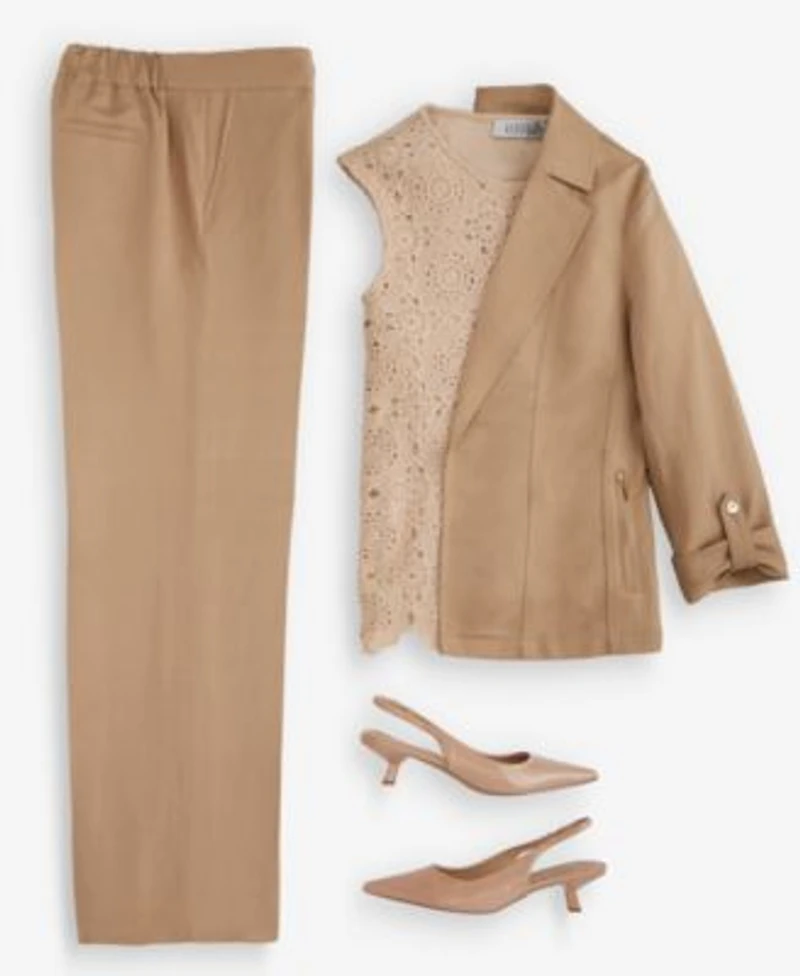 Kasper Open Front Blazer Crocheted Top Pull On Pants