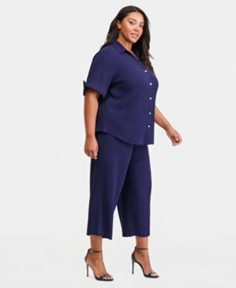 Anne Klein Essentials Plus Size Collared Button Front Shirt Pull On Crop Straight Leg Pants