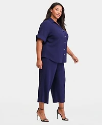 Anne Klein Essentials Plus Size Collared Button Front Shirt Pull On Crop Straight Leg Pants