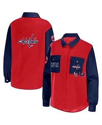 Wear by Erin Andrews Women's Red/Navy Washington Capitals Color block Button-Up Shirt Jacket