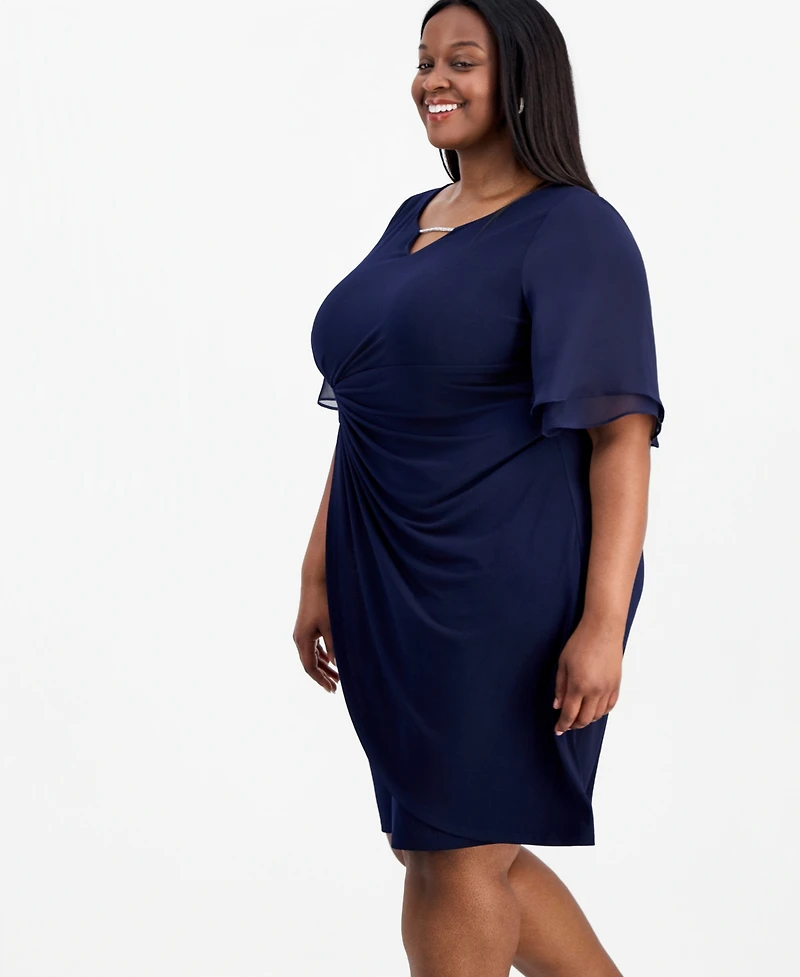 Connected Plus Double Flared-Sleeve Bar-Trim Dress