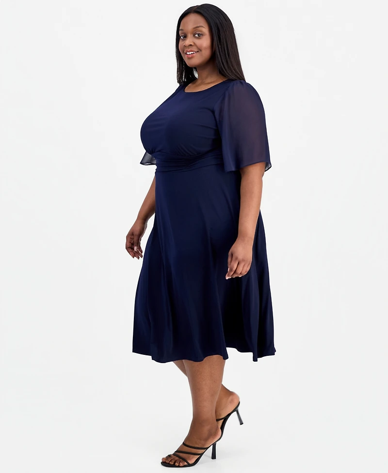 Connected Plus Round-Neck Chiffon-Sleeve Dress