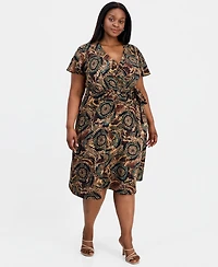 Connected Plus Printed Faux-Wrap Flutter-Sleeve Dress