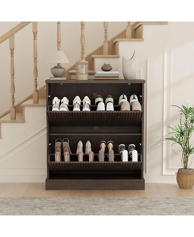 gaomon Fluted Shoe Cabinet with 2 Flip Drawers Narrow Cabinet with Adjustable Shelves and Elegant Handles Wooden Shoe Organizer for Entryway Hallway