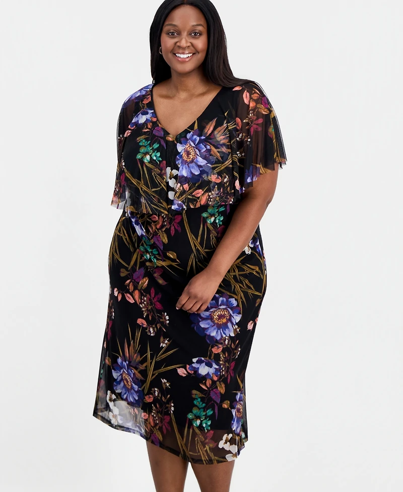 Connected Plus Printed Cape-Overlay Midi Mesh Dress