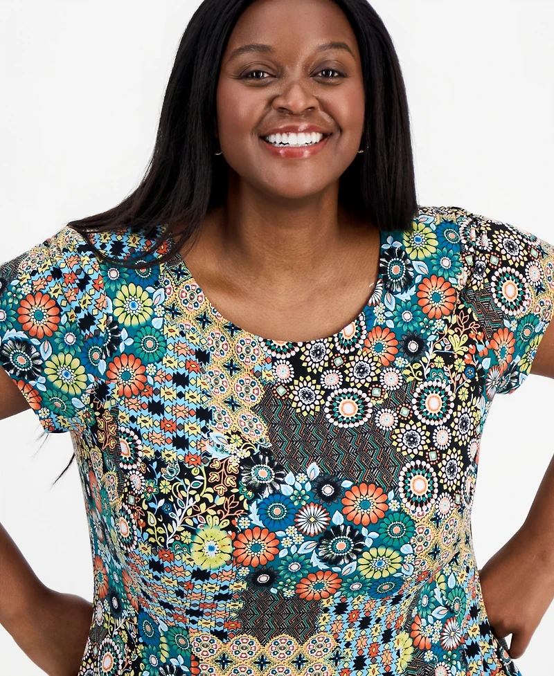 Connected Plus Printed Round-Neck Short-Sleeve Dress