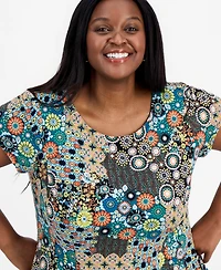 Connected Plus Printed Round-Neck Short-Sleeve Dress