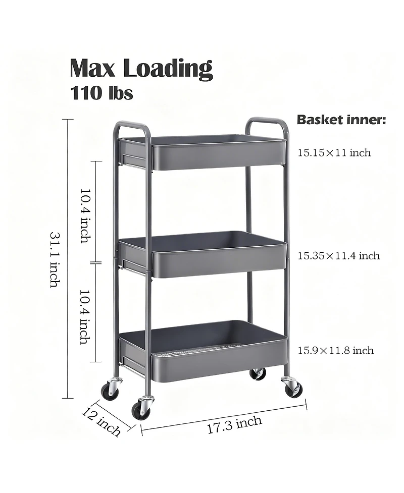 Yigii Metal Rolling Cart with Wheels for Kitchen, Bathroom, & More - Easy Assembly, Durable