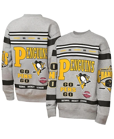 Mitchell & Ness Big Boys and Girls Heather Gray Pittsburgh Penguins Allover Print Fleece Crewneck Sweatshirt