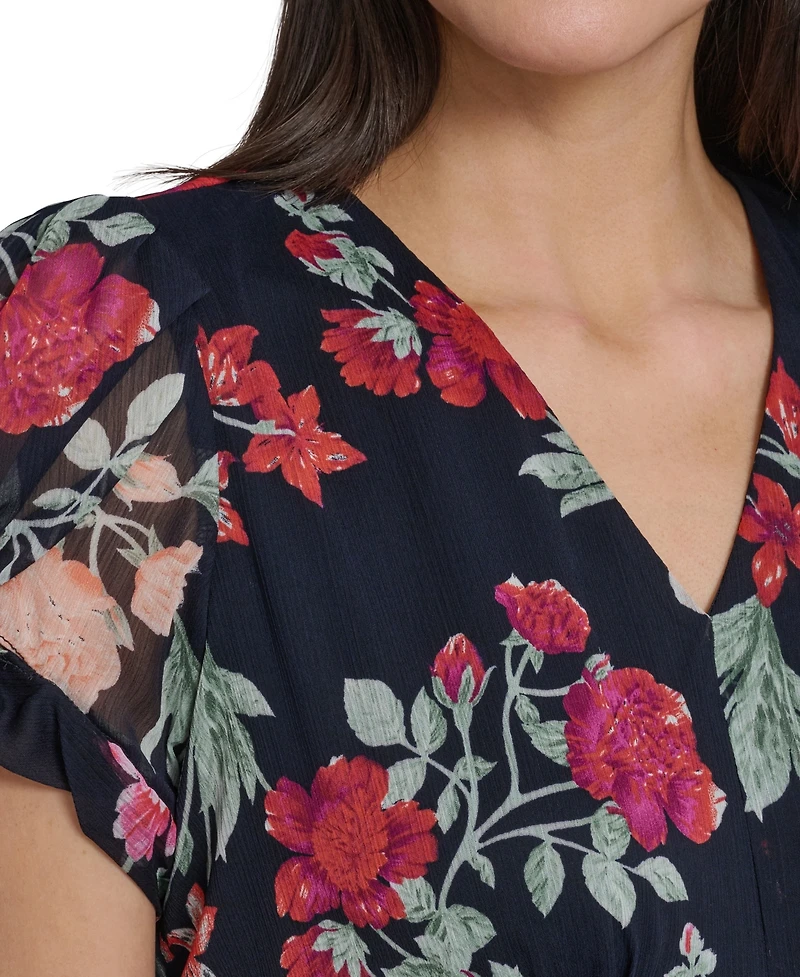 Calvin Klein Women's Puff-Sleeve Printed V-Neck Chiffon Dress