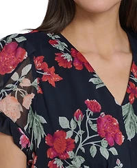 Calvin Klein Women's Puff-Sleeve Printed V-Neck Chiffon Dress