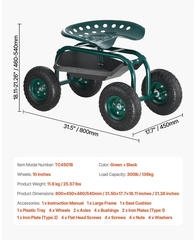 Sugift Rolling Garden Scooter with Swivel Seat & Multi-compartment Tool Storage