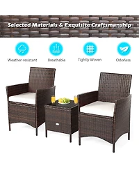 Gymax 3PCS Outdoor Rattan Conversation Set Patio Furniture Set w/ White Cushions