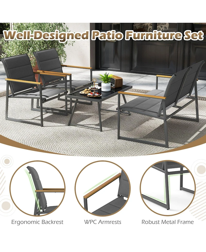 Gymax 4 Piece Patio Furniture Set Outdoor Metal Conversation Set w/ Padded Fabric Seat