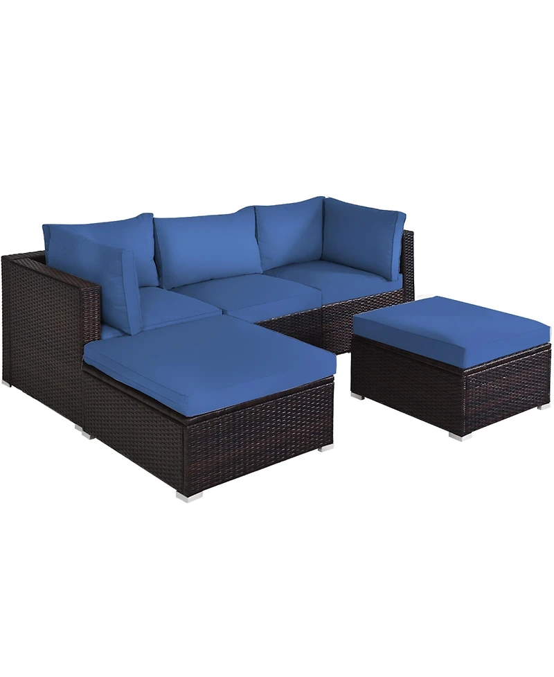 Gymax 5PCS Rattan Patio Conversation Set Outdoor Furniture Set w/ Ottoman Navy Cushion