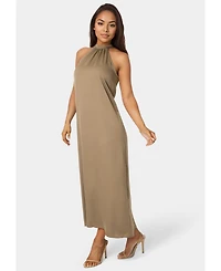 Bebe Women's Crushed Satin Mock Neck Maxi Dress