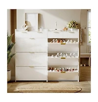 gaomon Modern Natural Shoe Cabinet with 3 Flip Drawers and 2 Small Drawers and Hook Slim Fluted Shoe Storage Organizer Narrow Entryway Cabinet