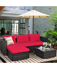Gymax 5PCS Cushioned Rattan Patio Conversation Set with Ottoman Red Cushion