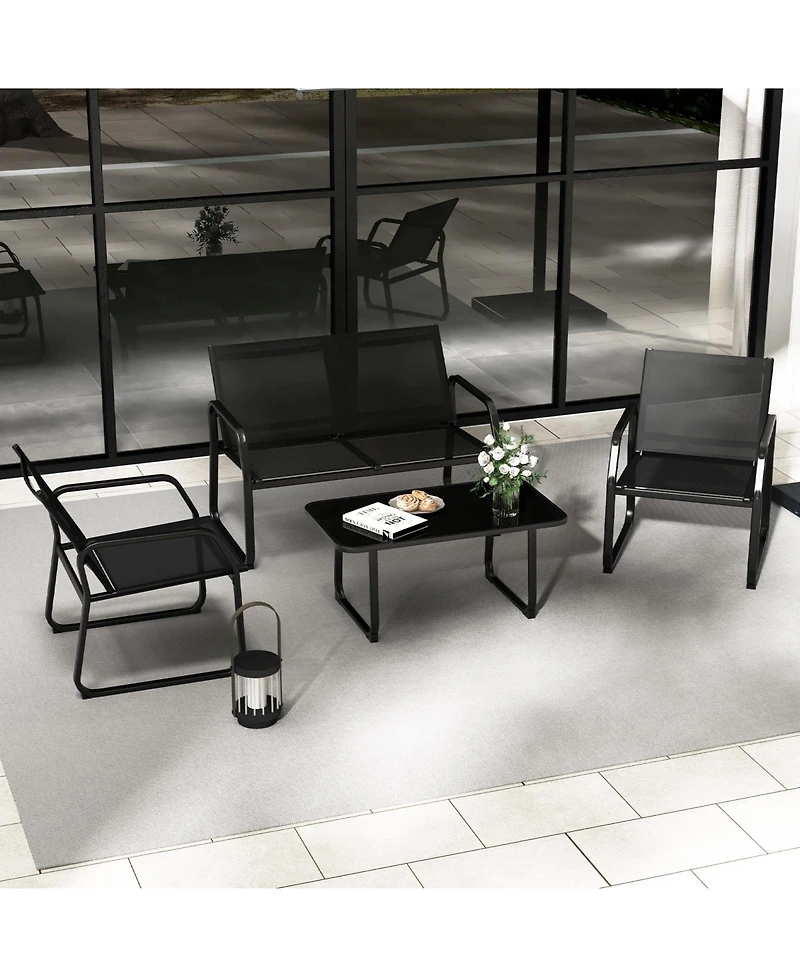 Gymax 4 Pcs Patio Conversation Set w/ Breathable Fabric Seat Tempered Glass Tabletop