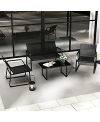 Gymax 4 Pcs Patio Conversation Set w/ Breathable Fabric Seat Tempered Glass Tabletop