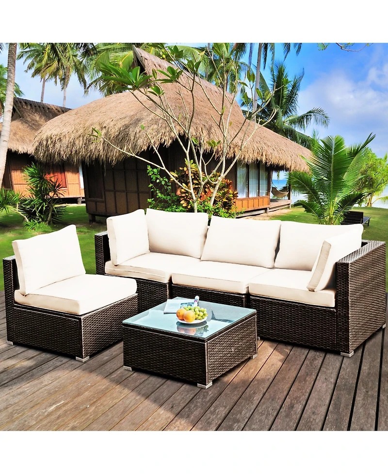 Gymax 5PCS Rattan Patio Conversation Set Sofa Furniture Set w/ White Cushions