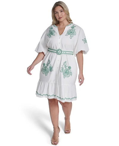 Eliza J Plus Puff-Sleeve Embroidered Dress