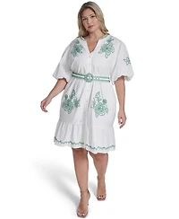 Eliza J Plus Puff-Sleeve Embroidered Dress