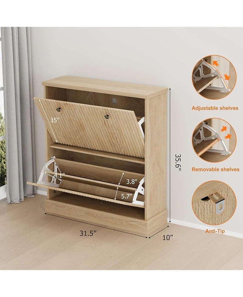 gaomon Fluted Shoe Cabinet with 2 Flip Drawers Narrow Cabinet with Adjustable Shelves and Elegant Handles Wooden Shoe Organizer