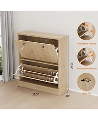gaomon Fluted Shoe Cabinet with 2 Flip Drawers Narrow Cabinet with Adjustable Shelves and Elegant Handles Wooden Shoe Organizer